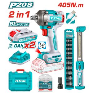 Комплект акумулаторен ударен гайковерт и лампа TOTAL Industrial TOSLI23056E с батерии и зарядно, 20 V, 2 Ah, 1/2", 405 Nm