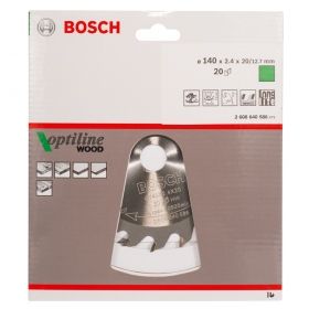 Циркулярен диск Bosch метален HM за рязане на дърво  140x20x2.4 мм, 20 z, Optiline Wood