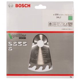 Циркулярен диск Bosch метален HM за рязане на дърво  150x20x2.4 мм, 24 z, Optiline Wood