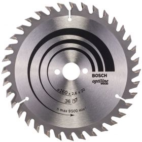 Циркулярен диск Bosch метален HM за рязане на дърво  160x20x2.6 мм, 36 z, Optiline Wood