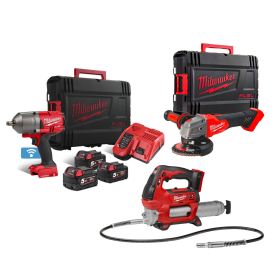 Комплект Milwaukee акумулаторни инструменти 18 V M18 ONEFHIWF12-0X, M18 FSAG125-0X, M18 GG-0, 3x5.0 Ah,