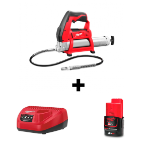 Такаламит Milwaukee M12 GG-0 акумулаторен без батерия и зарядно, 0.4 кг, 12 V, 562 bar + Акумулаторна батерия Milwaukee M12 B3, 12 V, 3.0 Ah + Зарядно устройство Milwaukee C12 C