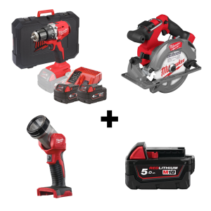 Акумулаторна бормашина Milwaukee M18 BLPDRC-402, 18 V, 4 Ah, 60.5 Nm + Акумулаторен циркуляр Milwaukee M18 FCS552-0 без батерия и зарядно, 18 V, ф 165 мм + Акумулаторен фенер Milwaukee M18 TLED-0, без батерия и зарядно, LED, 18 V, 200 lm + 2 х Акумулаторн