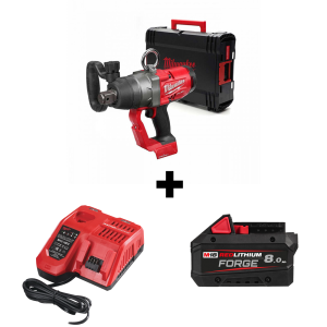 Гайковерт Milwaukee M18 ONEFHIWF1-0X акумулаторен ударен без батерия и зарядно, 18 V, 2400 Nm, 1" + Акумулаторна батерия Milwaukee M18 FB8, 18 V, 8.0 Ah + Зарядно устройство Milwaukee M12-18 FC 12-18 V 