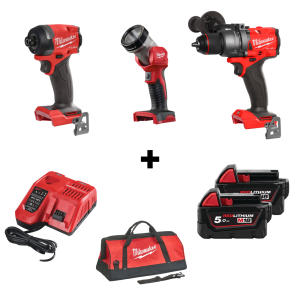 Комплект Milwaukee акумулаторни инструменти 18 V, M18 FID3, M18 FPD3, M18 TLED, 2x5.0 Ah, зарядно устройство + Сак XL 