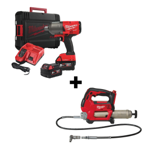 Гайковерт Milwaukee M18 ONEFHIWF34-502X акумулаторен ударен безчетков 18 V, 5 Ah, 2034 Nm, 3/4" + Такаламит Milwaukee M18 GG-0 акумулаторен без батерия и зарядно, 0.4 кг, 18 V, 690 bar 