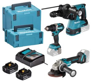 Kомплект aкумулаторни машини Makita DLX3195JX1 с батерии, зарядно и 2 куфара 18 V, 2х5 Ah, DDF484, DGZA504, DHR243