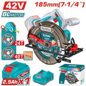 Акумулаторен безчетков ръчен циркуляр TOTAL Industrial TSLI4218511E с батерия и зарядно, 42 V, 2.5 Ah, 185 мм