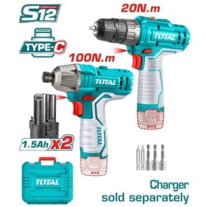 Комплект акумулаторен винтоверт и ударен винтоверт TOTAL TOSLI240586E с батерии  12 V, 1.5 Ah