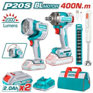 Комплект акумулаторен гайковерт и лампа TOTAL Industrial TOSLI240961E с батерии и зарядно, 20 V, 2 Ah