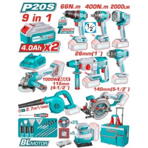Комплект акумулаторни инструменти TOTAL Industrial TOSLI250381E с батерии и зарядно, 20 V, 4 Ah, 9 в 1