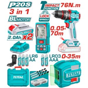 Комплект акумулаторен винтоверт, лазерна ролетка и нивелир TOTAL Industrial TOSLI250511E с батерии и зарядно, 20 V, 2 Ah