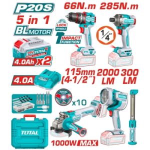 Комплект акумулаторни инструменти TOTAL Industrial TOSLI250692E с батерии и зарядно, 20 V, 4 Ah