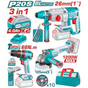 Комплект акумулаторни инструменти TOTAL TOSLI2402028 с батерии и зарядно, 20 V, 4 Ah, 3 в 1