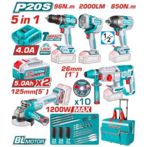 Комплект акумулаторни инструменти TOTAL TCKLI20596 с батерии и зарядно, 20 V, 5 Ah, 5 в 1